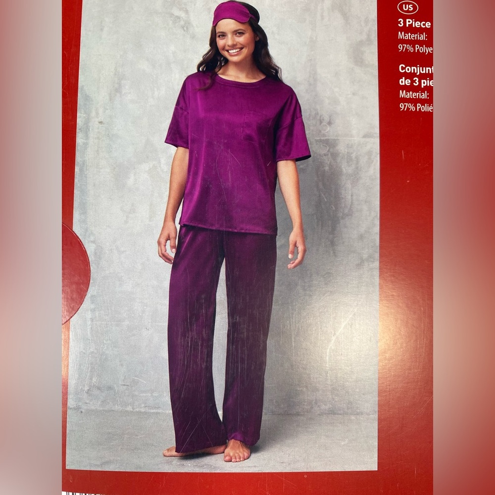 Serra 3 Piece Satin Sleep Set sz M 8-10 PJs Pants Top Eye Mask Plum Purple